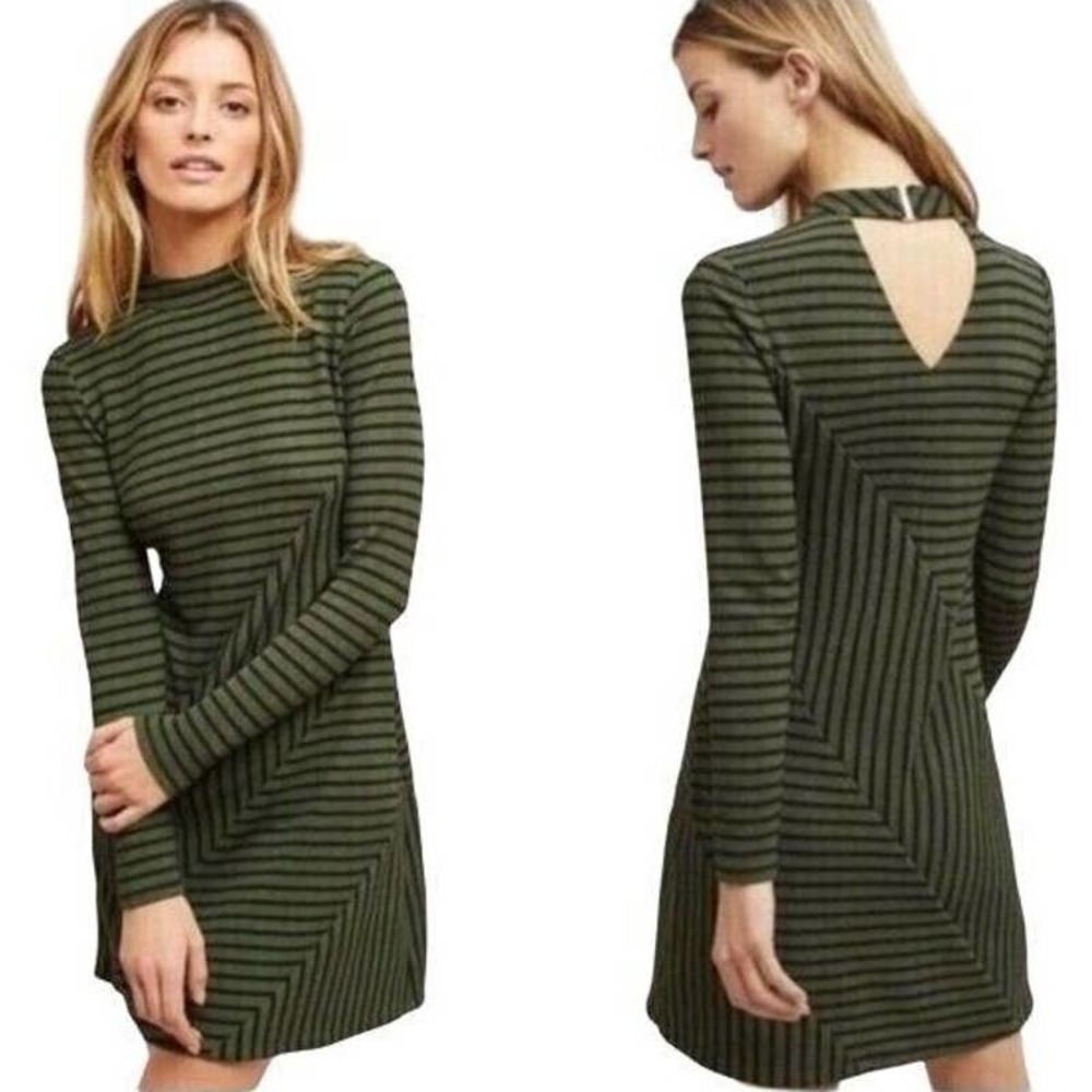 Anthropologie Hutch Olive Green & Black Striped Long Sleeve Cutout Dress XS